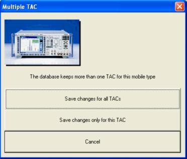 Fig. 40 Change Values Confirmation Dialog (Multiple TAC entries) It is possible to store the changes only for this TAC entry in the database, but it is also possible to store the updated values