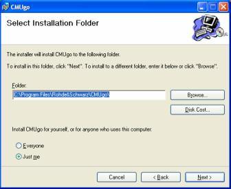 6 Select Installation Folder Select the path, where CMUgo should be installed. You may choose the shown default folder.