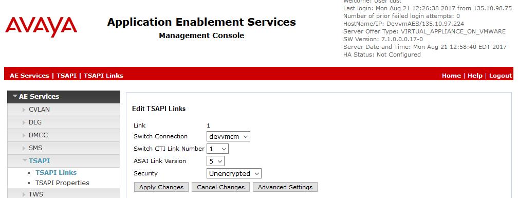 Below is example of existing CTI used during compliance test. The Link field is only local to the Application Enablement Services server, and may be set to any available number.