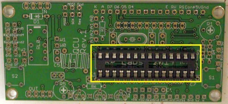 Pay special attention to the orientation of the semiconductors. For IC1, the dimple in the PCB silkscreen must be aligned with the dimple at the top of the IC socket and the IC.
