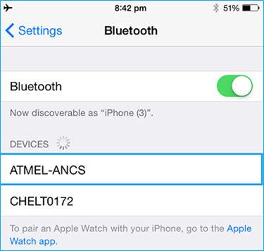 ATMEL-ANCS appears among the list of devices scanned. Click the ATMEL-ANCS to connect to the device. Figure 5-15. ANCS Device Discovery in iphone 3.