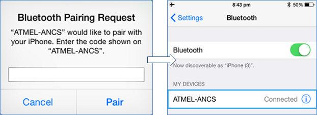 Figure 5-17. Pairing and Connecting iphone to ATMEL-ANCS 5. Now, the user can initiate a mobile terminated call to the iphone.