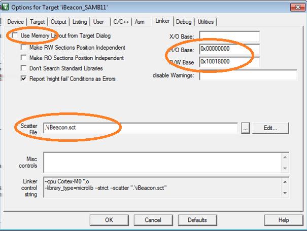 Figure 8-11. Linker Settings 4.8. In the Debug tab, configure the following: Select CMSIS-DAP Debugger In the Initialization File edit box, enter init_app.ini. Note: 1.