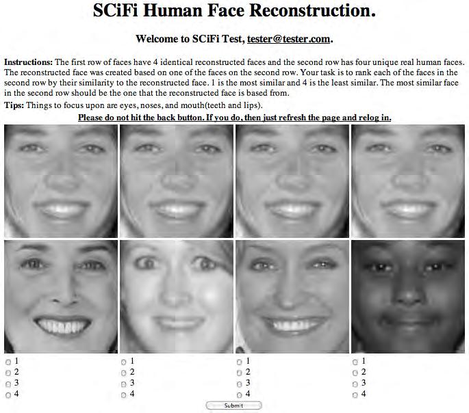 Figure 5.12: This is the SCiFI Human Reconstruction human subject experiment interface. The top row of images is the reconstructed face (repeated 4 times).