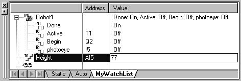 With the Data Watch tool, you can monitor individual variables or user-defined watch lists of variables. You can change variable values and force the state of discrete (BOOL) variables.