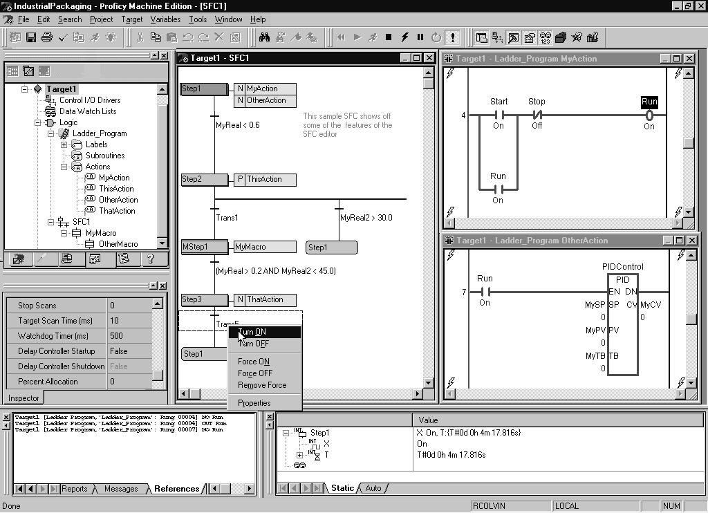 3 Logic Developer - PC SFC Editor Working with the SFC editor - Online In the SFC editor, you can view the execution of an SFC as it happens. The following picture illustrates this capability.