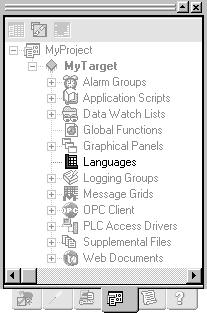 4 View* Languages folder Navigator: Project tab Languages node LANGUAGES FOLDER The Languages item opens a grid that enables you to configure multilanguage support for an HMI.