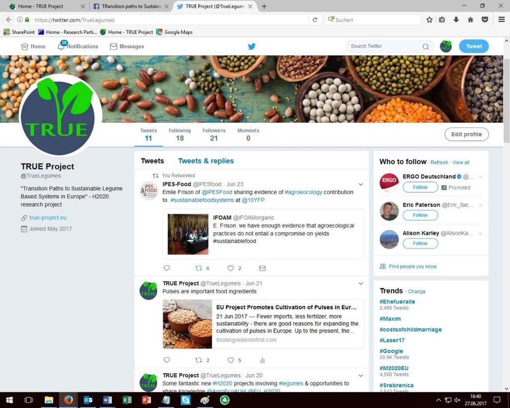 Figure 7: Screenshot of the TRUE twitter account opened in a Mozilla Firefox browser In addition, a Flickr account