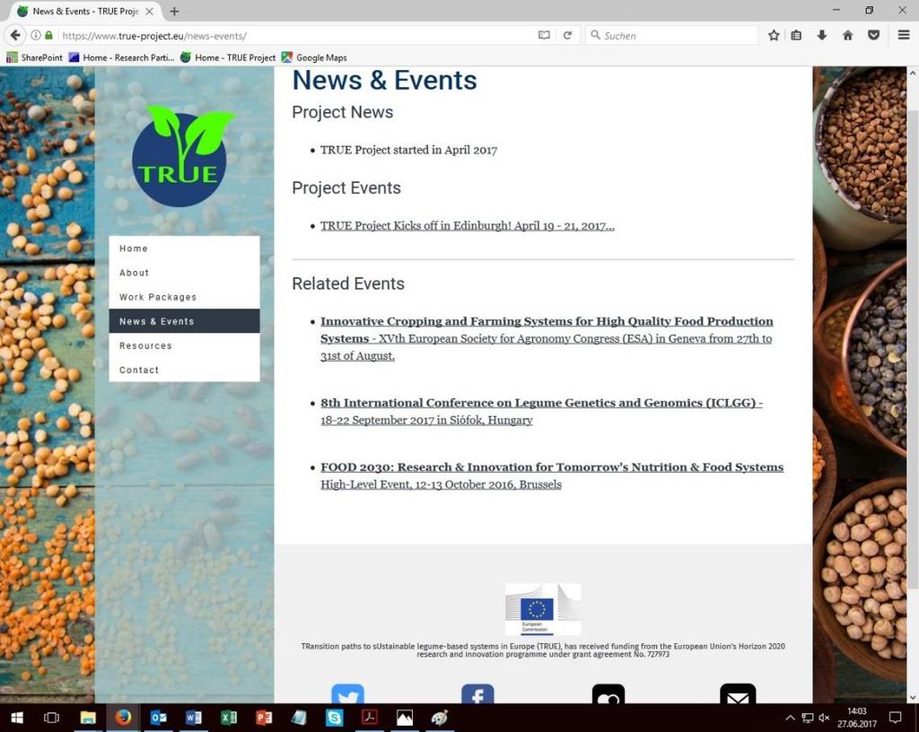 Figure 4: Screenshot of the News & Events -subpage on the TRUE website opened in a Mozilla Firefox browser In the category Resources we will upload all public outputs of the TRUE project.