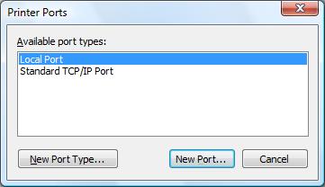 5. Select the Local Port, and click the [New Port] button. 6. Enter the network path of the shared printer (e.g.