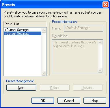 3.1.2 Preset By clicking the [Manage] button in the Page Setup page, the following screen display will appear to allow you to manage the printer settings with a name.