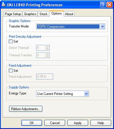 3.4 Options Tab Graphic Options Transfer Mode Allows selecting the method used to download graphics to the printer. Basically, select the TOPIX compression mode.