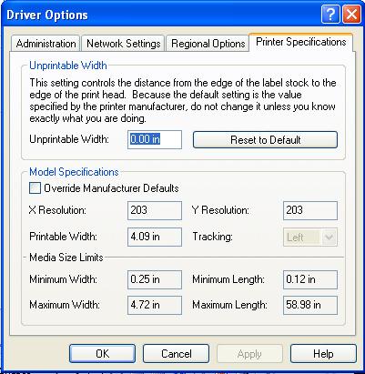 Since this feature is not supported, do not change the default setting. Model Specifications: Allows setting the specification of the printer, such as the resolution and media size.