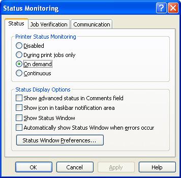 Status Monitoring Status tab Enables monitoring the printer status. Requirements to use the status monitor: The printer and the PC are connected with a serial interface cable.