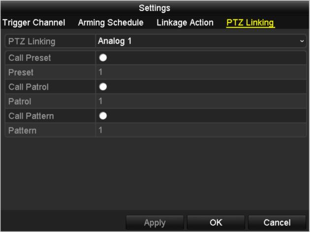If necessary, select PTZ Linking tab and set PTZ linkage of the alarm input. Set PTZ linking parameters and click the OK button to complete the settings of the alarm input.