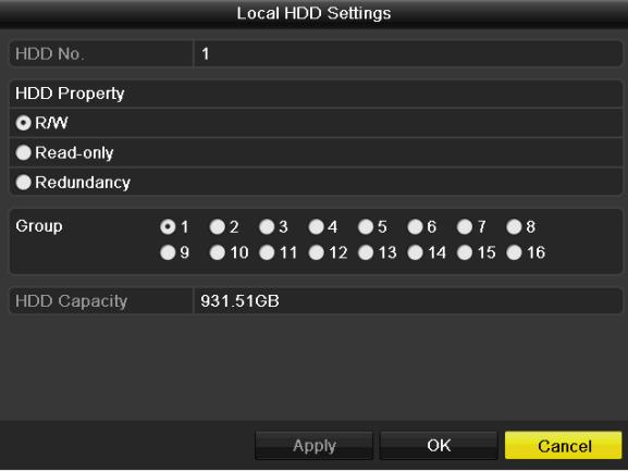 Figure 10. 17 Set HDD Property 3. Set the HDD property to R/W, Read-only or Redundancy. 4. Click the OK button to save the settings and exit the interface. 5.