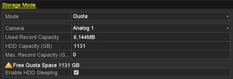 10.5 Configuring Quota Mode Purpose Each camera can be configured with allocated quota for the storage of recorded files. Steps 1. Enter the Storage Mode interface. Menu > HDD > Advanced 2.