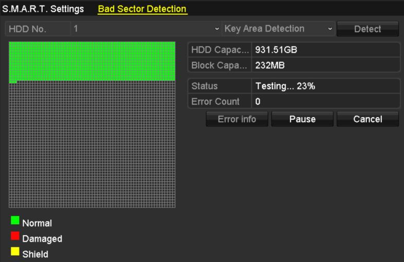 10.8 Detecting Bad Sector Purpose: You can detect the bad sector of the HDD to check the status of the HDD. 1. Enter the HDD Detect interface. Menu>HDD>HDD Detect Figure 10. 23 Bad Sector Detection 2.