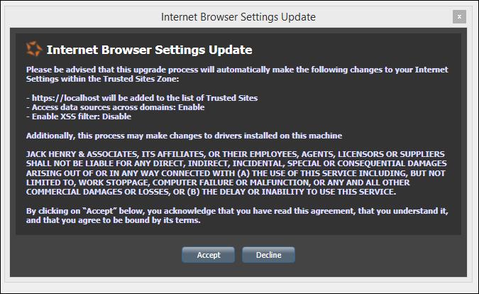 FIGURE 67 - INTERNET BROWSER SETTINGS UPDATE WINDOW 8. The system will ask you to log out of the Merchant Portal.