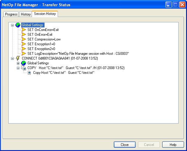 Session History Tab This is the File manager Transfer status window Session history tab: Its pane will show a graphical event log of the current File manager session.