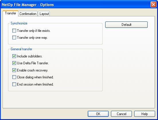 Transfer Tab This is the File manager Options window Transfer tab: It enables you to specify File manager Transfer options in these elements: Synchronize Transfer only if file exists: Check to
