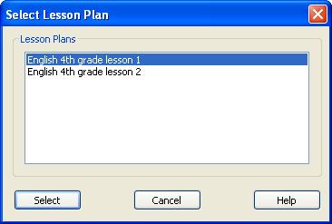 The pane will contain all Lesson plans of the running Class. Select a Lesson plan and click Select to show it in the Lesson plan view.