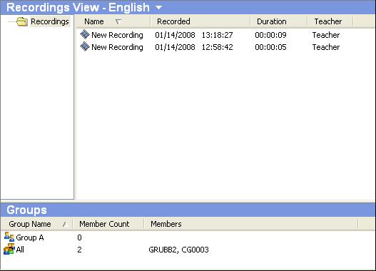 3.2.4.5 Recordings View This is the Class control panel Recordings view: It enables you to manage and play back NetOp recordings and manage Student groups.