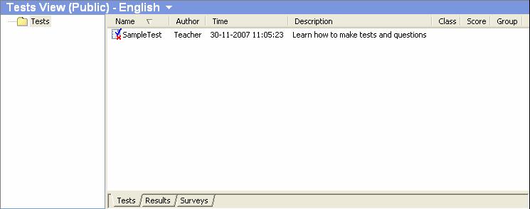 3.2.4.6.1 Tests View Pane This is the Tests view pane: Its title bar will show the name of the view, initially with the addition (Public), and the name of the running Class.