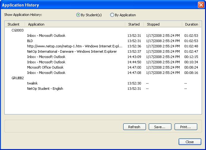 time and Duration of applications run on connected Student computers since the Activity view was activated. Click Refresh to refresh data.