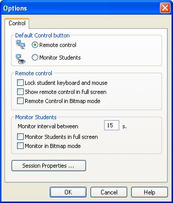 3.2.6.1.9 Control Tab This is the Teacher Options window Control tab: It enables you to specify the default Control action and general Remote control and Monitor properties in these elements.