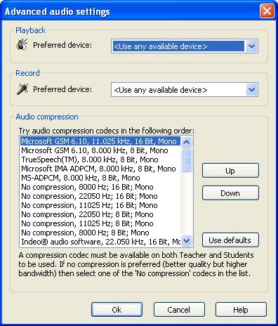 Advanced Audio Settings Click the Audio-video chat tab Advanced button to show this window: It enables you to select the preferred playback and record sound device and prioritize the use of available