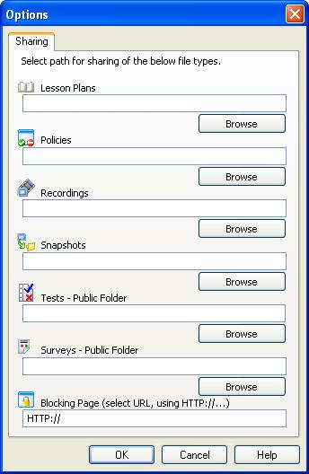 3.2.6.1.13 Sharing Tab This is the Teacher Options window Sharing tab: It enables you to specify shared folders for some of the Teacher created files to enable sharing these files with other Teachers.