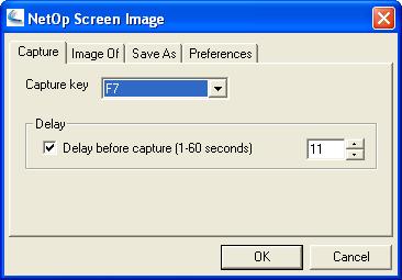 It enables you to specify NetOp screen image setup on these tabs: Capture Image of Save as Preferences After setup, click OK to minimize NetOp screen image into this button in the Windows taskbar