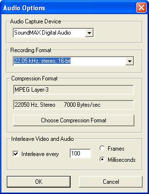It enables you to specify audio properties in these elements: Audio capture device []: The drop-down box list will contain the names of available audio capture devices.