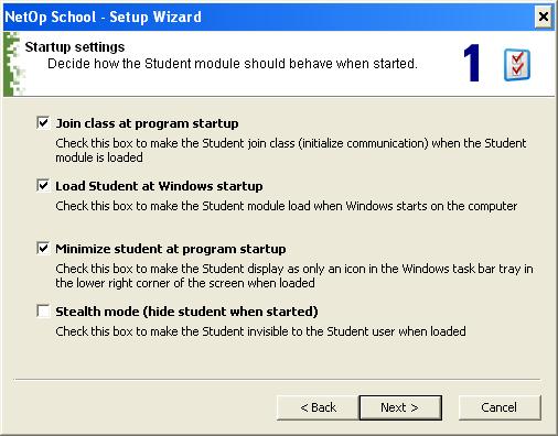 NetOp Student It enables you to select how the Student shall load and start.