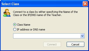 NetOp Student The drop-down box list will contain Class names, IP addresses and DNS names that have been used before. Click Class name and click a Class name in the list or specify it in the field.