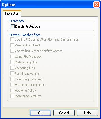 NetOp Student 4.2.6.1.4 Protection Tab This is the Student Options window Protection tab: It enables you to protect the Student against unwanted Teacher actions.