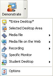 3.2.3.1 Demonstrate This is the Teacher window Toolbar Demonstrate button and menu: Demonstrate enables showing selected contents on selected Student computers.