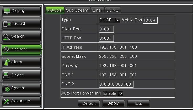 Manual Networking Setup 1. Select the Networking section in the Main Menu. Ensure that the type is set to DHCP. If it is set to STATIC, change it to DHCP, select APPLY and restart the DVR. 2.