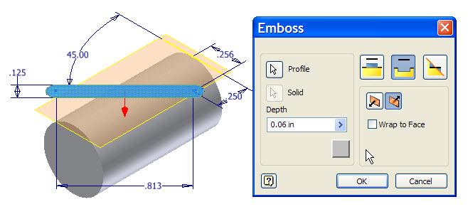 Figure 14 Placing Features On Cylindrical Shapes Engraving & Embossing Inventor has the ability to utilize sketch geometry to create Engraved and Embossed features.