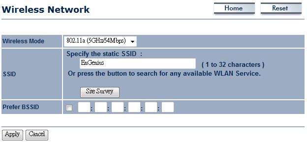 4.2.4 Client Router Mode -> Wireless Network Wireless Mode SSID Site Survey Prefer BSSID WDS Client Apply / Cancel EOC5510 only supports 802.11a wireless band. Specify the SSID if known.