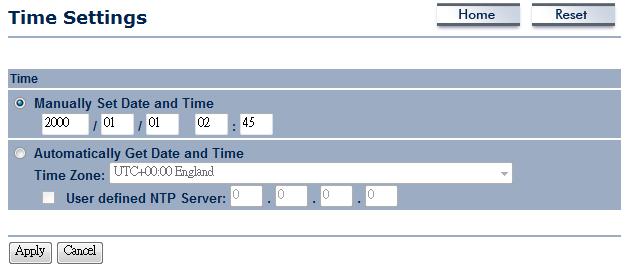 Manually Set Date and Time Automatically Get Date and Time Apply / Cancel Manually setup the date and time.