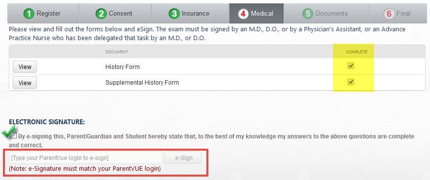 After both forms are complete, the parent/guardian will see the electronic signature option on the screen.