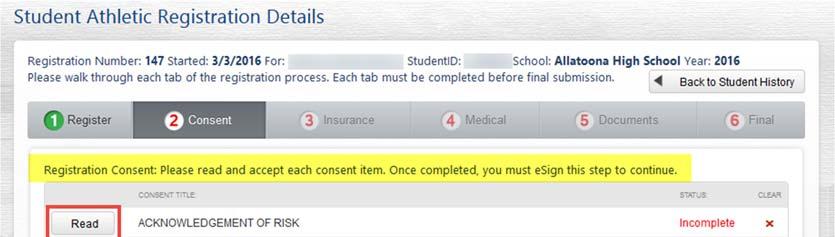 Consent Tab The Consent tab consists of seven areas that the parent/guardian is