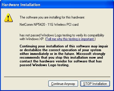 Driver installation for Windows XP Follow the steps below to install the NP5420 11G Wireless PC Card drivers for Windows XP. 1. Insert the NP5420 into a spare PCI slot in your desktop PC.