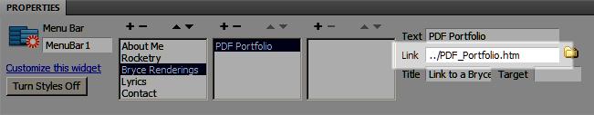 6) You will see the file name and path in the Link field in the Spry Menu Bar Properties panel. Repeat this section for as many pages as you want to add.