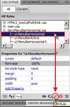 Therefore, we will modify the font from the toplevel of the menu down. The first rule in the SpryMenuBarHorizontal.css is the ul.menubarhorizontal.