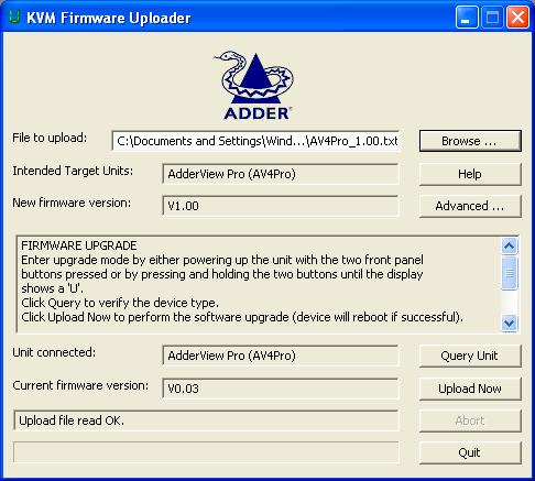 7 - Select the upgrade file to be used From the main KVM Firmware Uploader dialog, click the Browse... button and select the upgrade file: AV4Pro_xxx.txt where xxx is the firmware version.