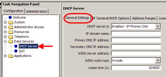 1. From the Configuration tab, open the Data Services folder, and select DHCP Server. 2. Select the General Settings tab.