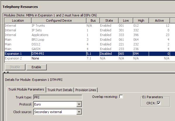 PRI Module-Specific Settings Attribute Value Module/line type Trunk type All trunks Indicates the type of trunks. This field is read-only for all modules except DTM modules.